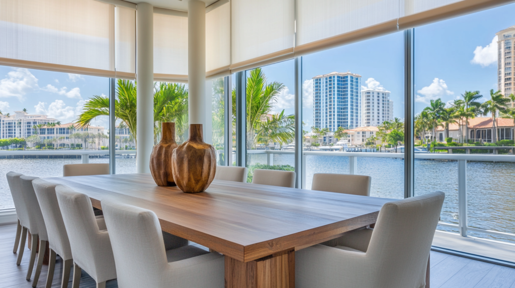 Casual dining room in Lake Worth with motorized Hunter Douglas Roller Shades fully closed, offering a view of the Intercoastal.