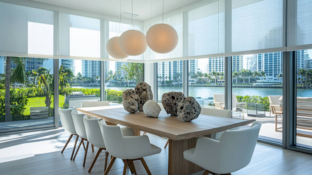 Casual dining room in Pompano Beach with motorized Hunter Douglas Roller Shades fully closed, overlooking the Intercoastal.