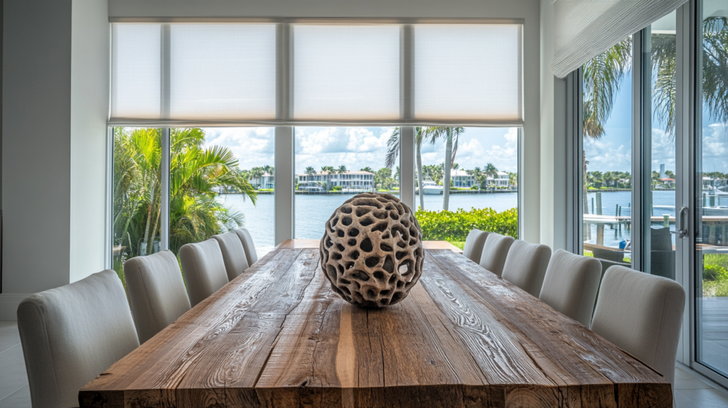 Casual dining room in South Palm Beach with motorized Hunter Douglas Roller Shades fully closed, offering an Intercoastal Waterway view.