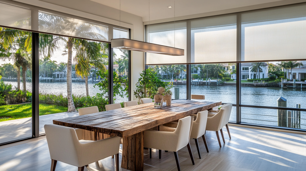 Casual dining room in West Palm Beach with motorized Hunter Douglas Roller Shades partially closed, creating a warm and inviting ambiance.