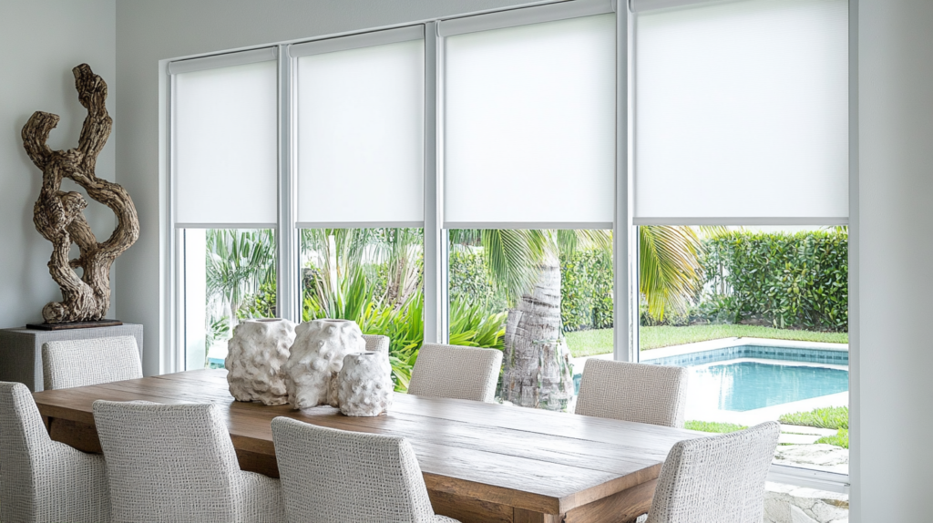 Casual dining room in Coral Springs with motorized white Hunter Douglas Roller Shades fully closed, offering a view of the backyard pool.