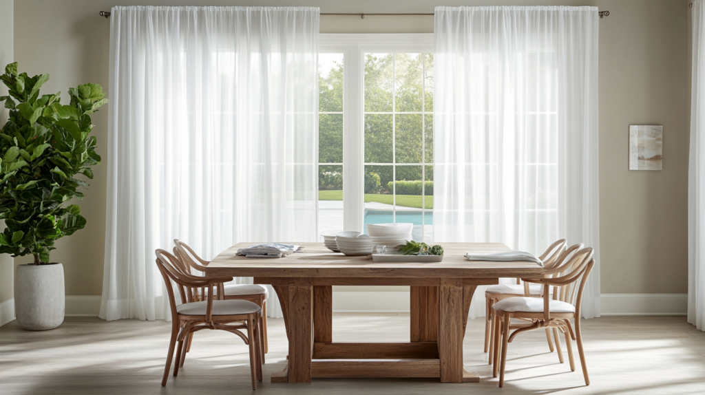 Casual dining room in Ft Lauderdale with motorized white sheer curtains creating soft, diffused light and overlooking a backyard pool.