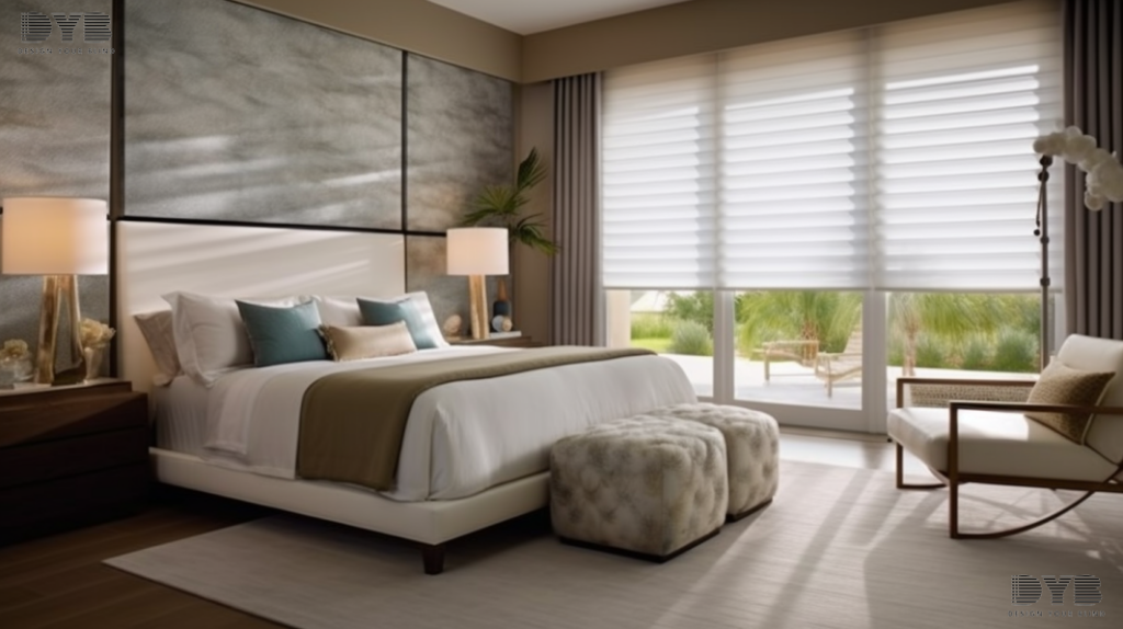 A Master Bedroom in Palm Beach Gardens, FL, with Silhouette Shades and Contemporary furniture from Crate & Barrel, featuring a view of the Intercoastal Waterway.