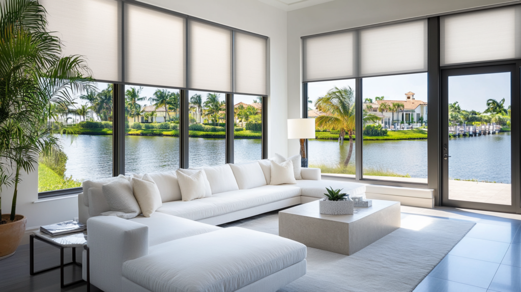 Family room in Lighthouse Point with Urban Modern interior design featuring Motorized Hunter Douglas Roller Shades, partially drawn, and windows overlooking a canal.
