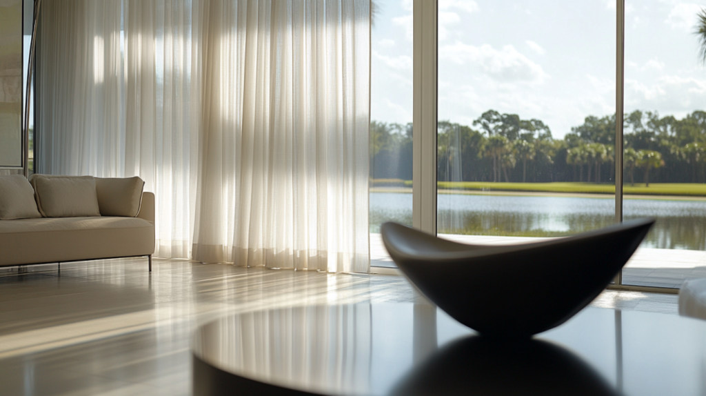Farmhouse Modern living room in Boca Raton, FL, with large windows, sheer curtains, a view of a lake, and a contemporary sculpture on a table.