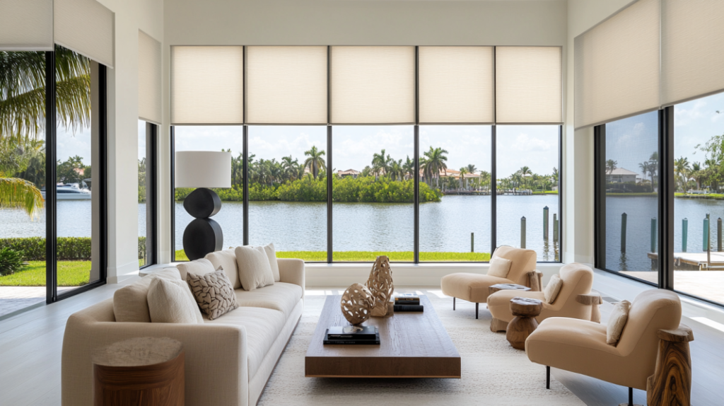 Formal living room in Lighthouse Point with Farmhouse Modern design featuring fully closed Blackout Hunter Douglas Roller Shades on large windows overlooking a canal.