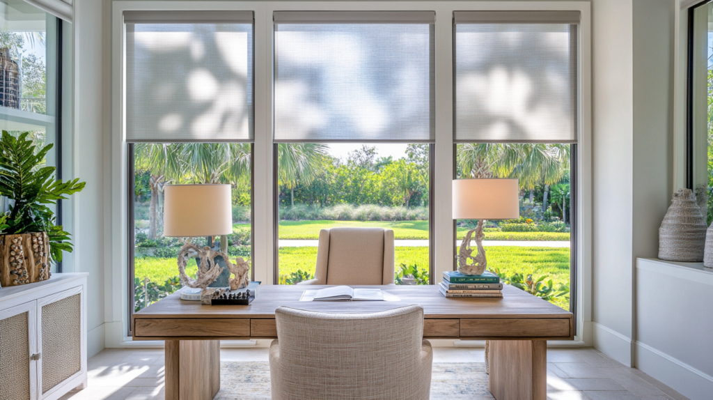 Coastal home office in Wellington with partially closed motorized Roller Shades on a large window, offering a view of a serene backyard.