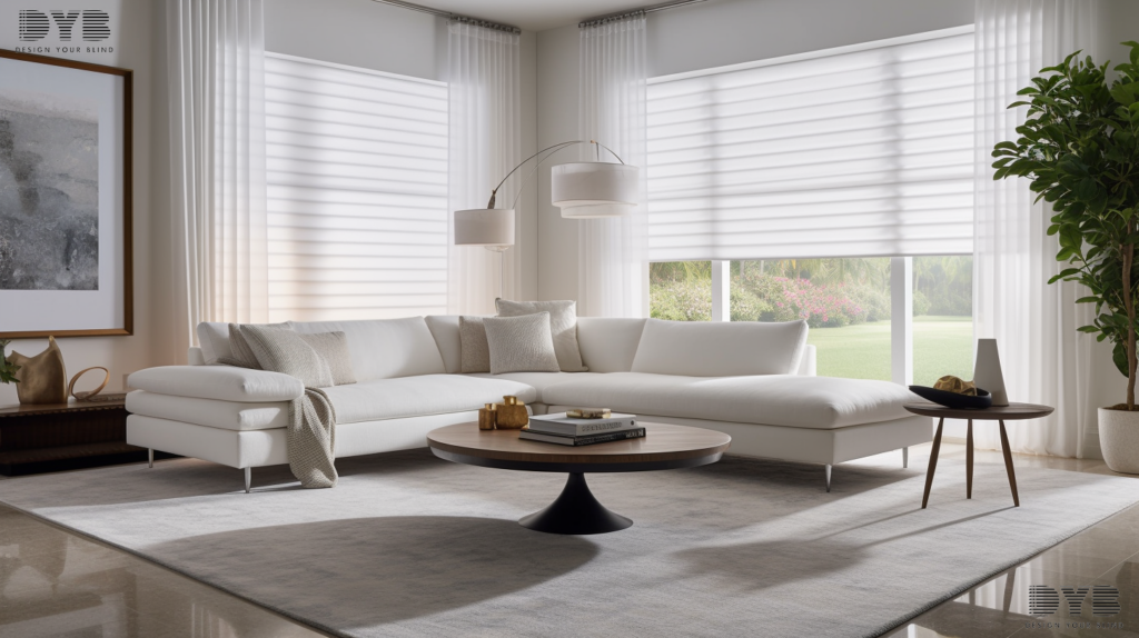 Blackout Roller Shades in a Lighthouse Point living room with a lake view