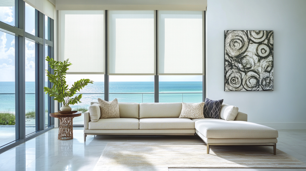 Formal living room condo in South Palm Beach with motorized white Hunter Douglas Roller Shades partially closed, offering an ocean view with other buildings.