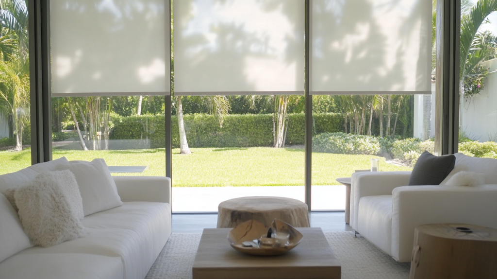 Spacious living room in Coral Springs with motorized Hunter Douglas Roller Shade partially closed, offering a view of a lush backyard.