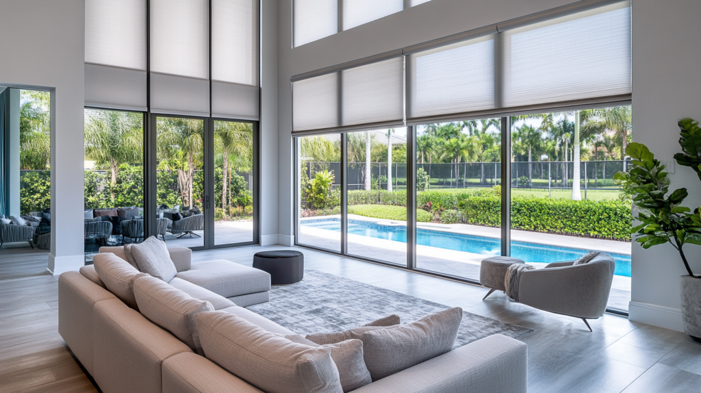 Formal living room in Ft Lauderdale with motorized Hunter Douglas Roller Shades partially closed, offering a view of a backyard pool.