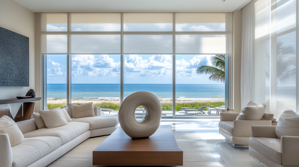 Formal living room in a Highland Beach apartment with large windows featuring motorized Hunter Douglas Roller Shades and a beach view.