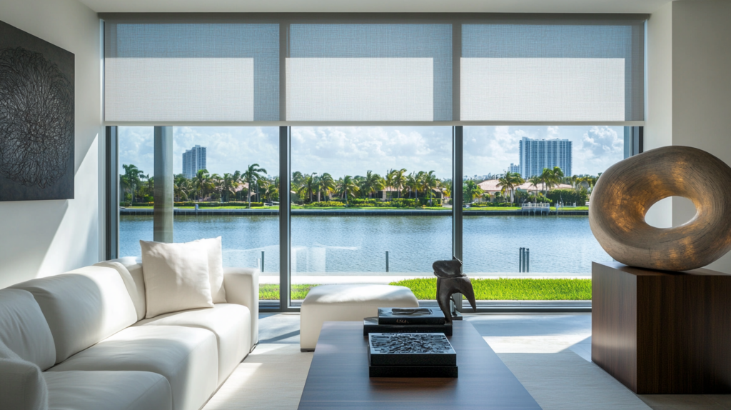 cUrban Modern living room in West Palm Beach with partially closed motorized Hunter Douglas Roller Shades and a view of the canal.