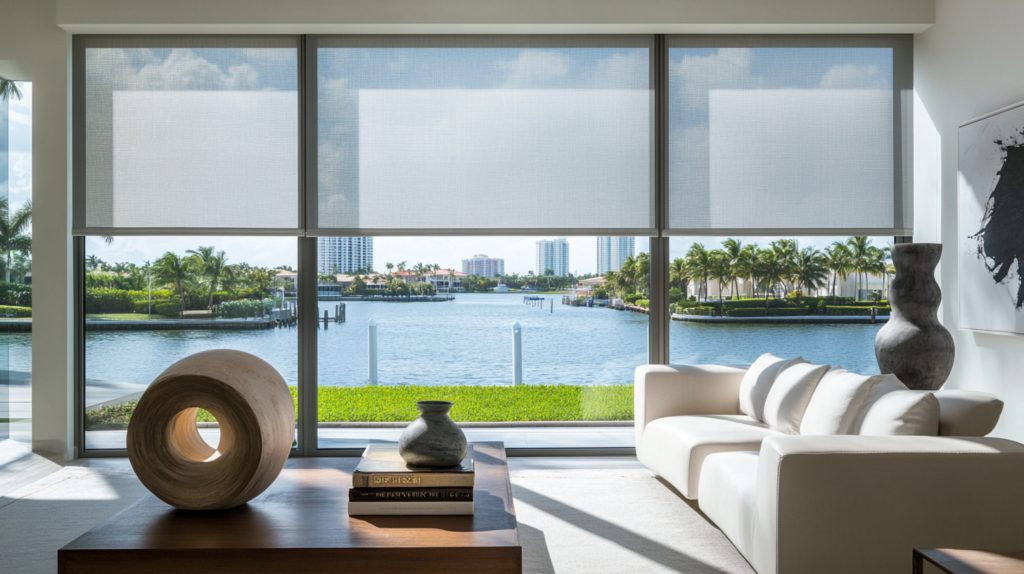 Urban Modern living room in West Palm Beach with fully closed motorized Hunter Douglas Roller Shades and a view of the canal.