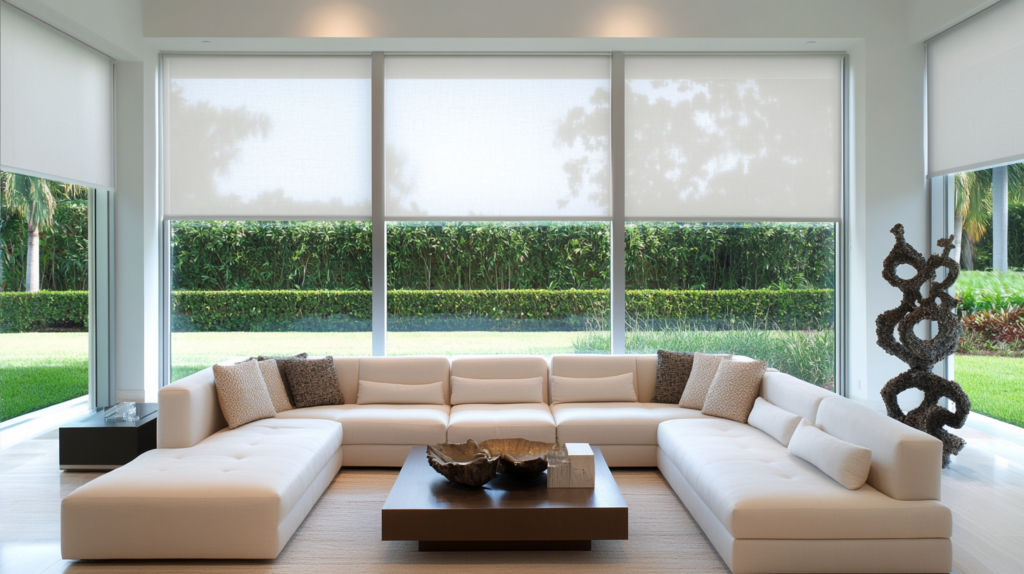 Modern living room in Wellington with a large window featuring fully closed motorized Hunter Douglas Roller Shades, offering a view of the garden.