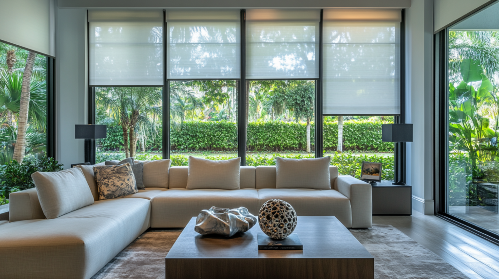 Modern living room in Wellington with partially closed motorized Hunter Douglas Roller Shades on a large window, offering a view of the garden.