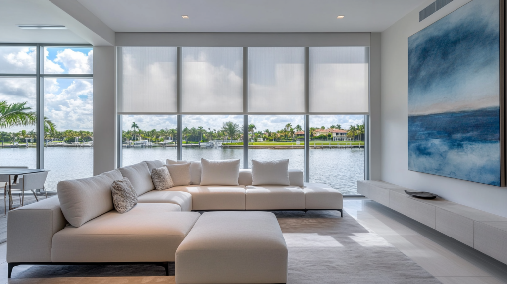 Modern living room in Lake Worth with motorized Hunter Douglas Roller Shades partially closed, offering a view of the Intercoastal Waterway.