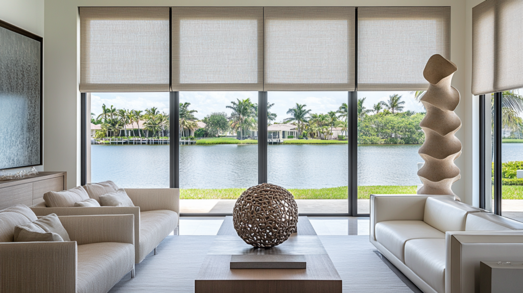 Formal living room in Lake Worth with large windows featuring fully closed motorized Hunter Douglas Roller Shades and an Intercoastal view.