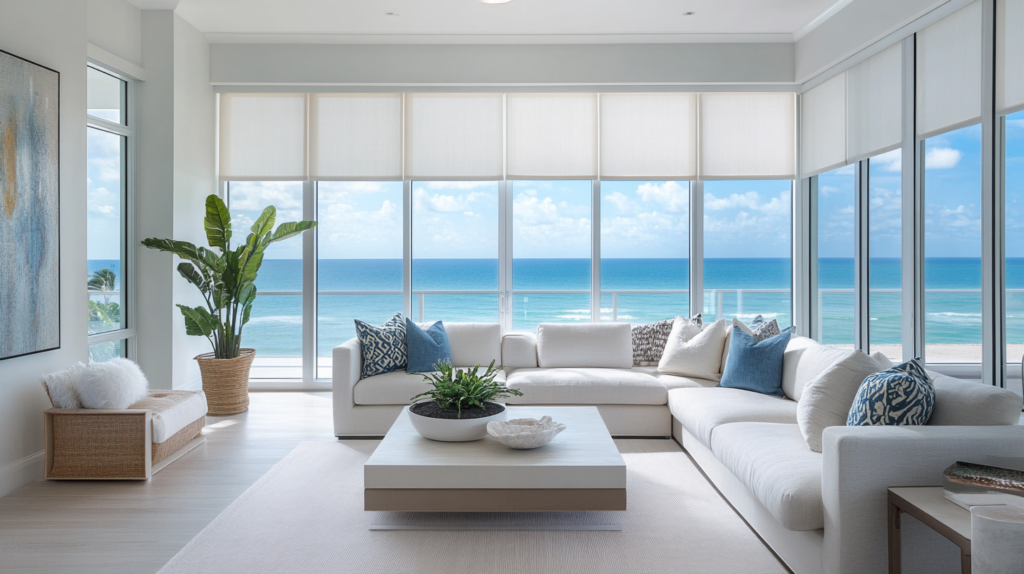 Living room in Highland Beach with motorized Hunter Douglas Roller Shades partially closed, offering a view of the ocean.