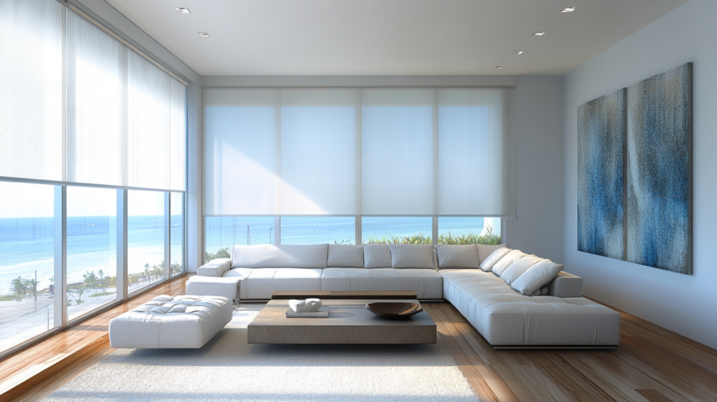 Modern living room in a Pompano Beach condo with motorized Hunter Douglas Roller Shades partially closed, offering an ocean view.