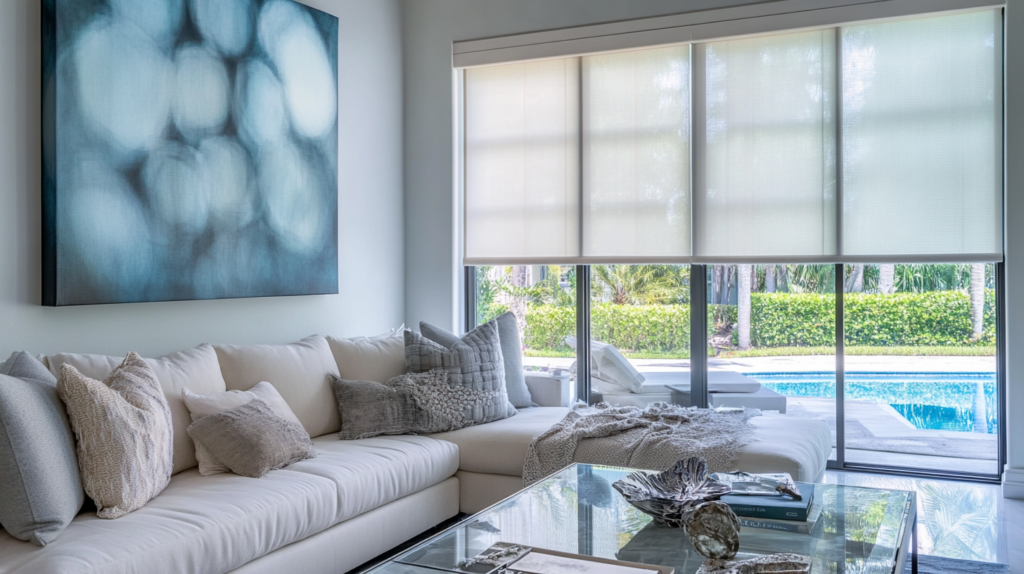 Coastal-inspired formal living room in Deerfield Beach with motorized Hunter Douglas Roller Shades on large windows overlooking a backyard pool.