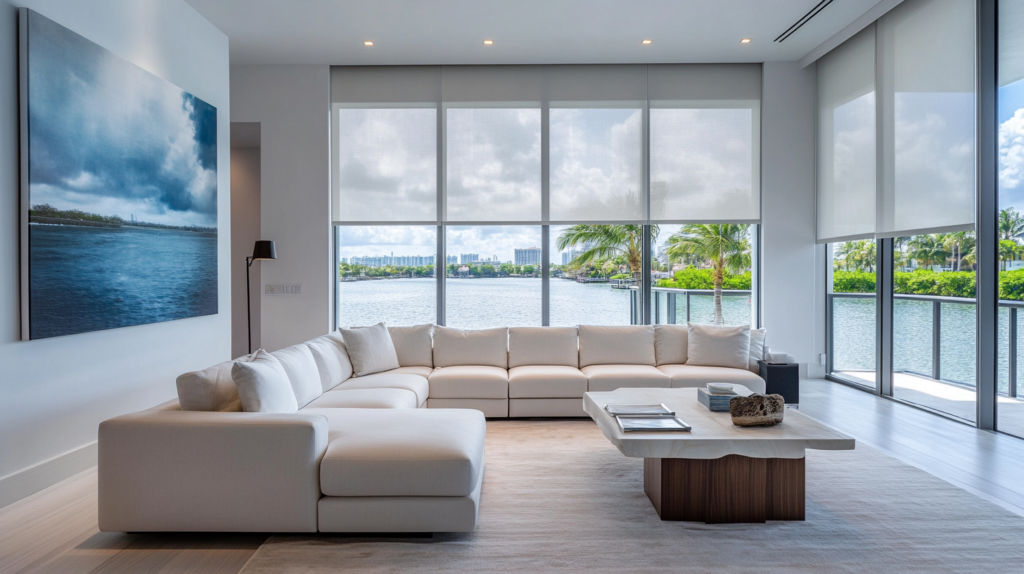 Modern living room in Ft Lauderdale with motorized Hunter Douglas Roller Shades partially closed, offering a view of the Intercoastal Waterway.