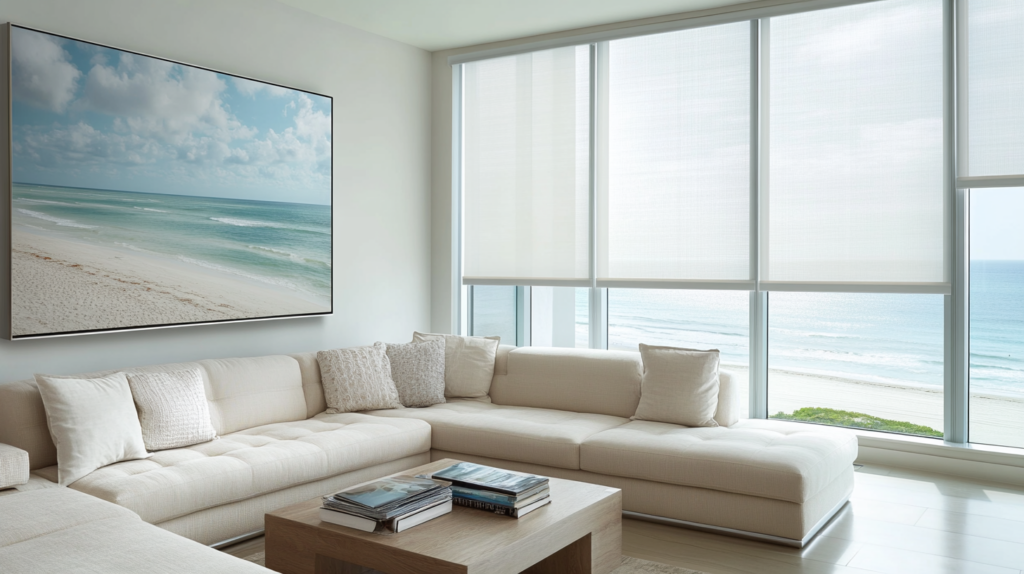 Modern living room in a Pompano Beach condo with motorized Hunter Douglas Solar Roller Shades partially closed, offering an ocean view.