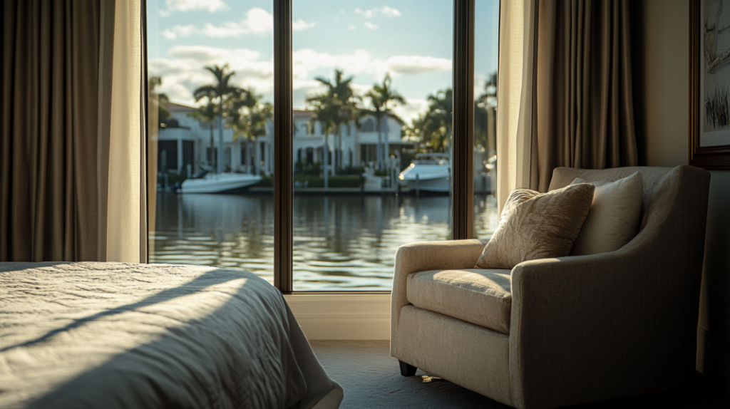 Luxurious master bedroom in Lighthouse Point with coastal design, featuring a king-sized bed and partially closed blackout curtains creating dramatic light contrast.