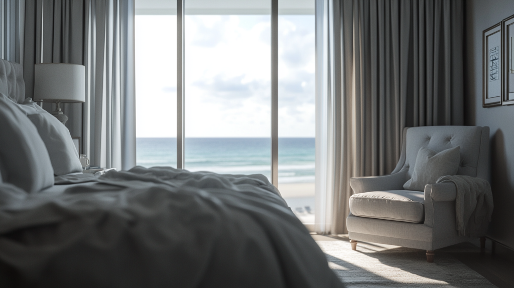 Luxurious master bedroom condo in South Palm Beach with motorized blackout curtains partially closed, offering an ocean view with the beach and nearby buildings.