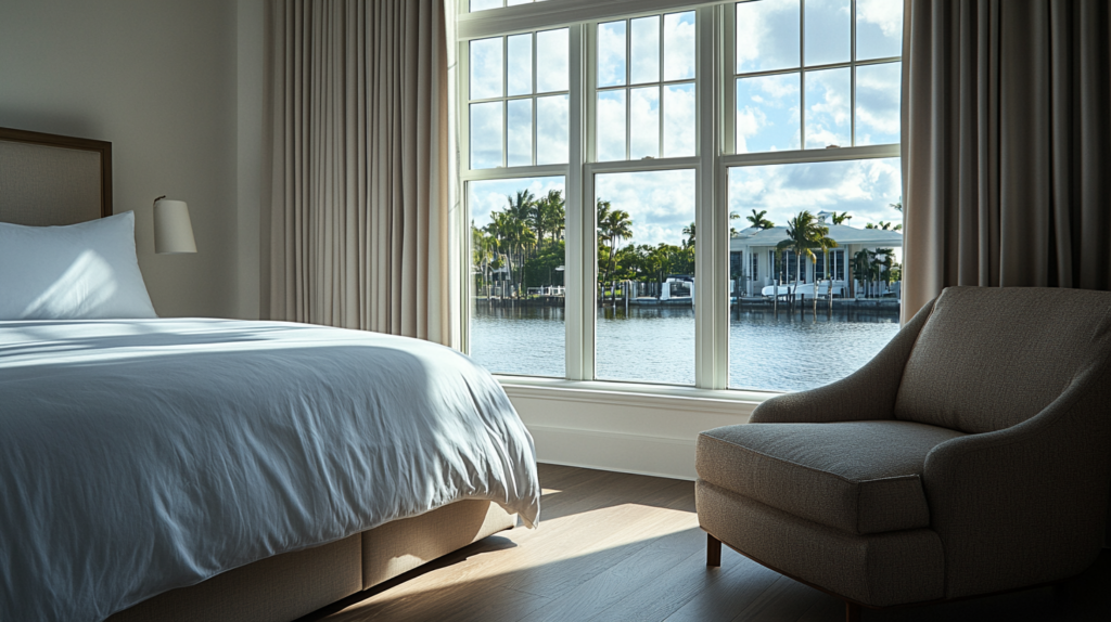 Luxurious master bedroom in Pompano Beach with motorized blackout curtains partially closed, creating dramatic light contrasts and offering a canal view.
