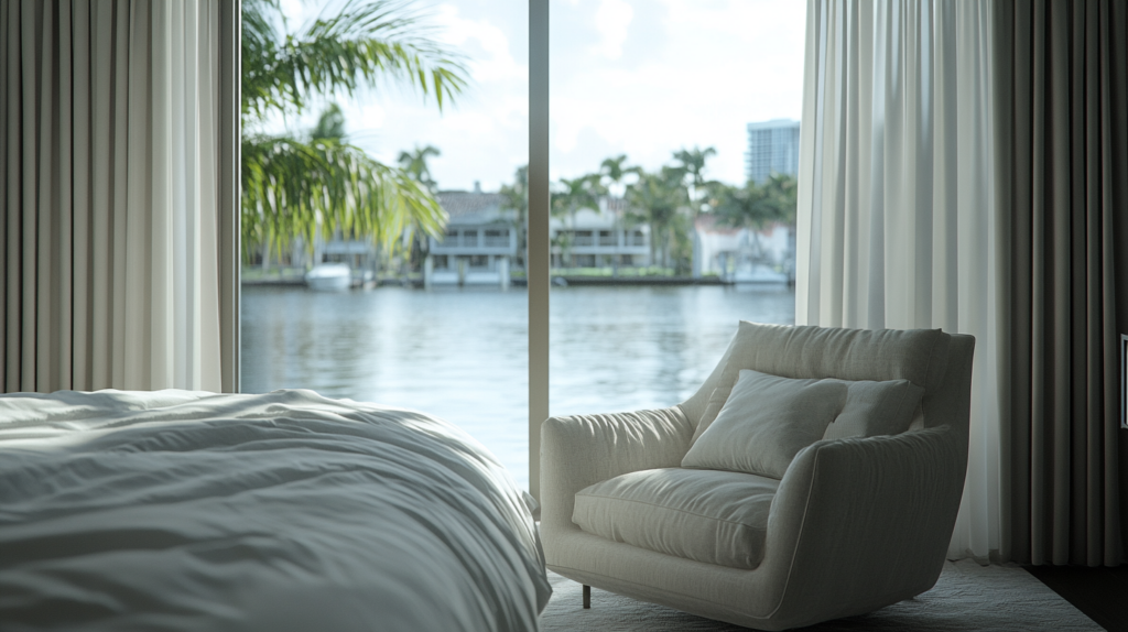 Luxurious master bedroom in Highland Beach with motorized blackout curtains partially closed, creating light and shadow play and offering a view of the Intercoastal.