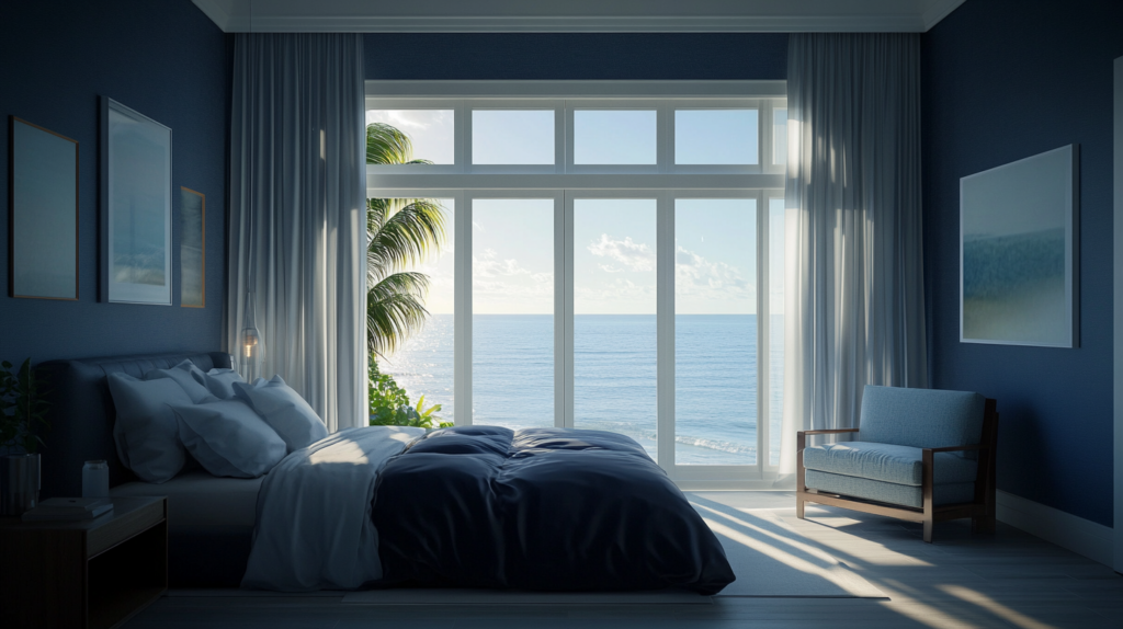 Luxurious master bedroom in Hillsboro Beach with motorized blackout curtains partially closed, offering an ocean view and casting dramatic light contrasts.