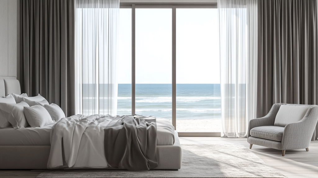 Luxurious master bedroom in Ocean Ridge with motorized blackout curtains partially closed, offering an ocean view and casting dramatic light contrasts.