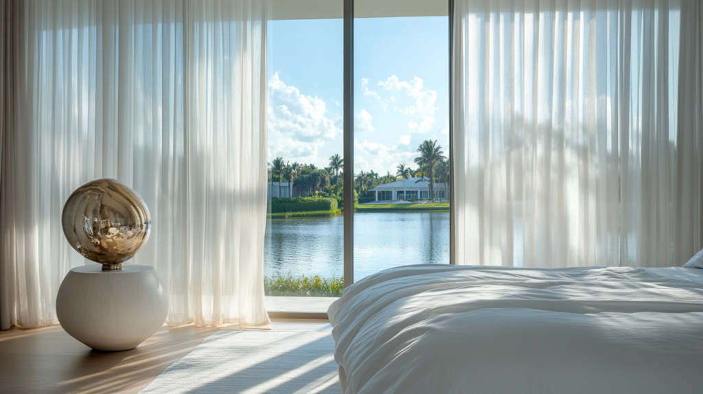 Master bedroom in West Palm Beach with motorized sheer curtains partially drawn back, offering a view of the Intercoastal Waterway and diffusing soft light.