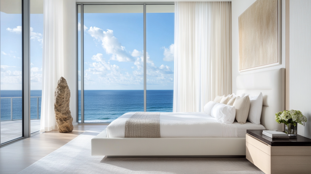 Master bedroom in Ft Lauderdale with motorized sheer curtains on large windows offering an ocean view, creating a sense of privacy and tranquility.