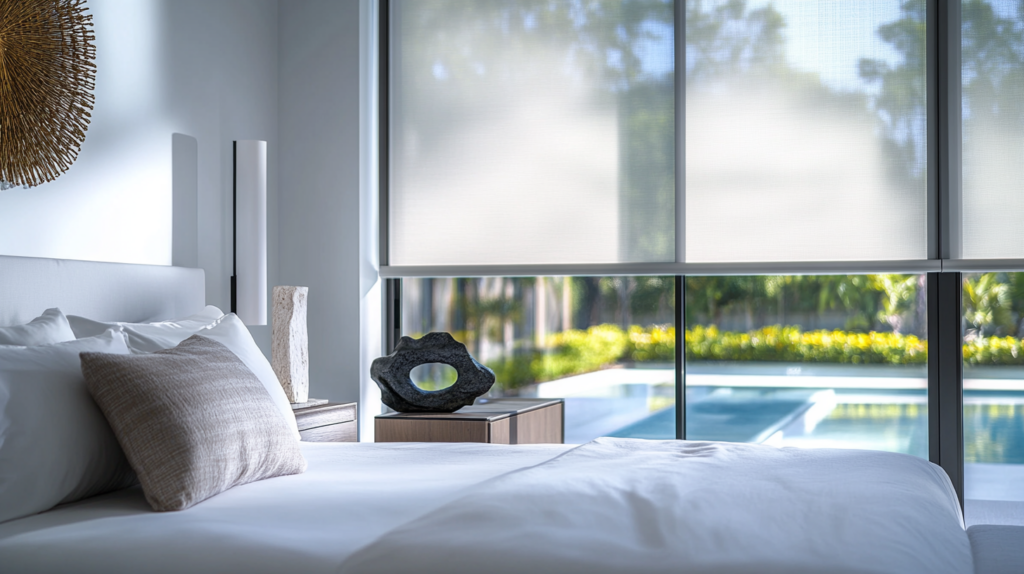 Master bedroom in Boynton Beach with fully closed Hunter Douglas Roller Shades on large windows overlooking a backyard pool, styled in a minimalist design.