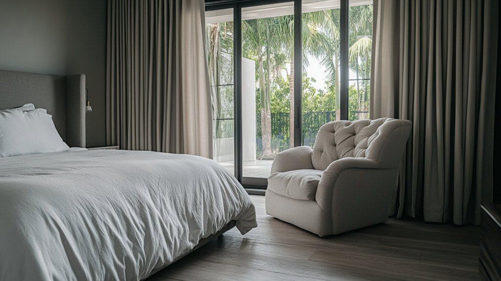 Minimalist bedroom in Palm Beach Gardens with a king-sized bed and fully closed blackout curtains in deep charcoal gray.
