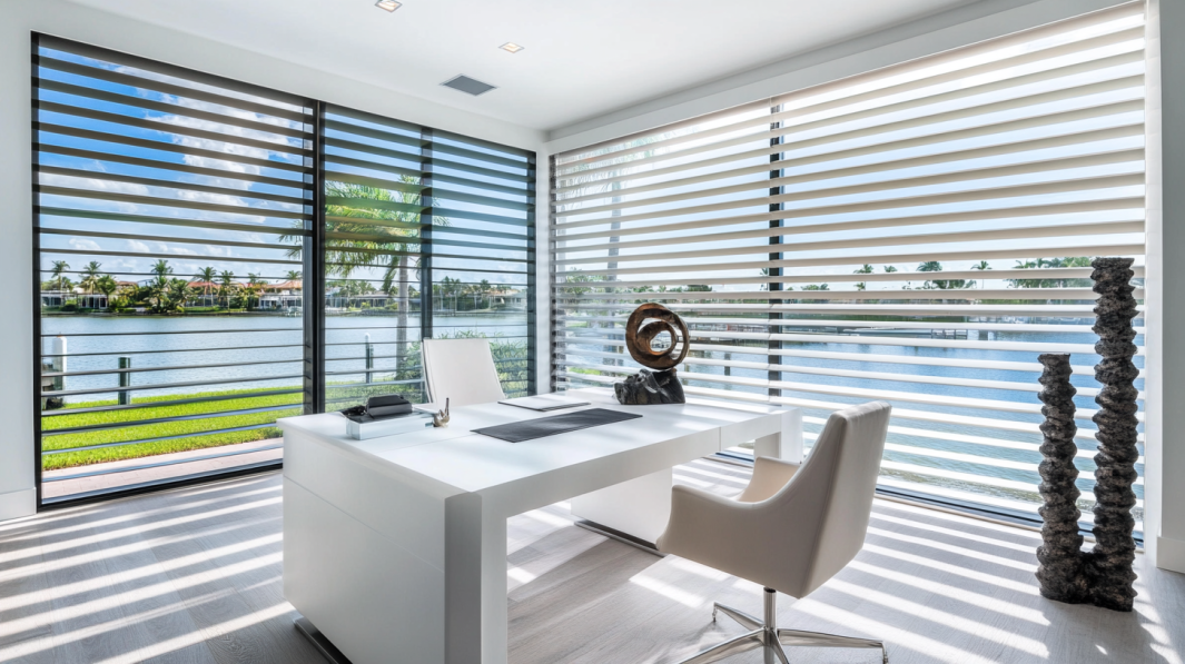Modern home office in Delray Beach with a white desk and ergonomic chair, featuring Hunter Douglas Silhouette Shades on windows framing a view of the Intercoastal Waterway.