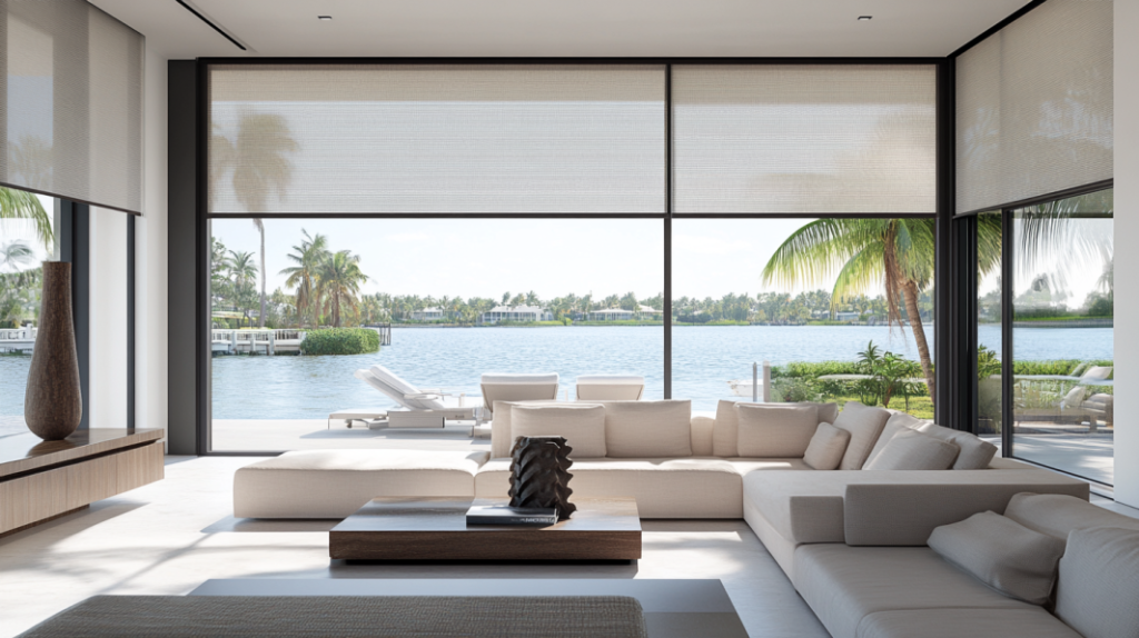 Minimalist living room in Delray Beach with large windows featuring fully closed PowerView Motorized Hunter Douglas Roller Shades, overlooking the Intercoastal Waterway.