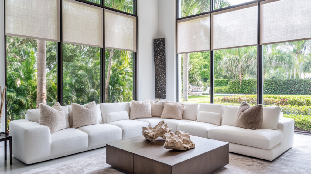 Minimalist living room in Boynton Beach, FL, with partially closed Hunter Douglas Roller Shades, a white sectional sofa, Arhaus furniture, and a view of a lush garden.