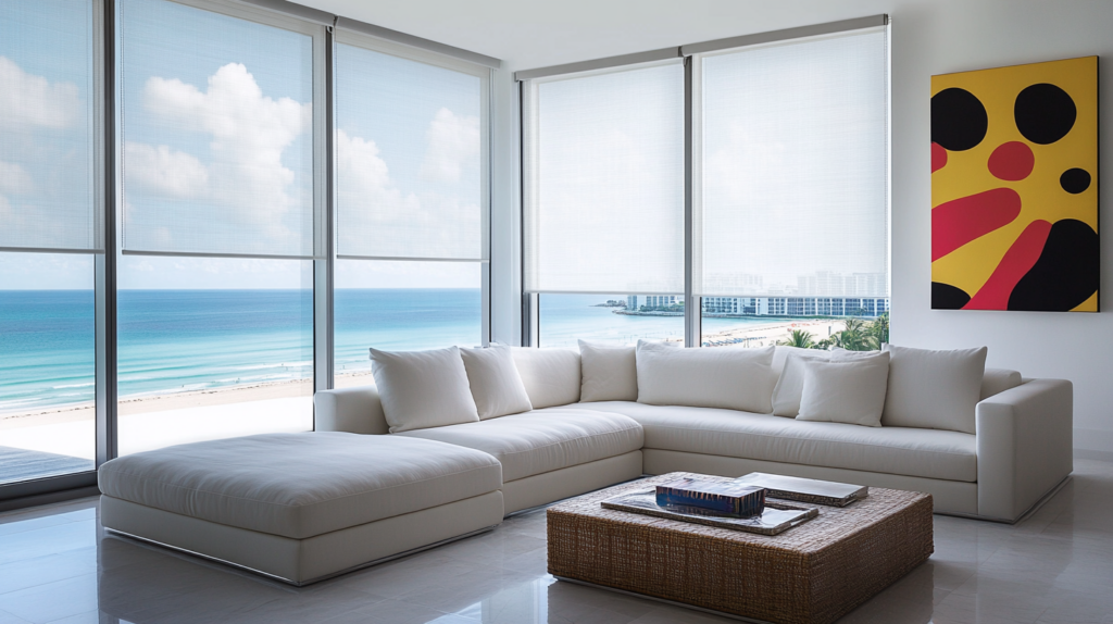 Luxurious modern living room in a Hillsboro Beach condo with motorized sheer Hunter Douglas Roller Shades partially closed, revealing clouds and offering an ocean view with the beach and nearby buildings.
