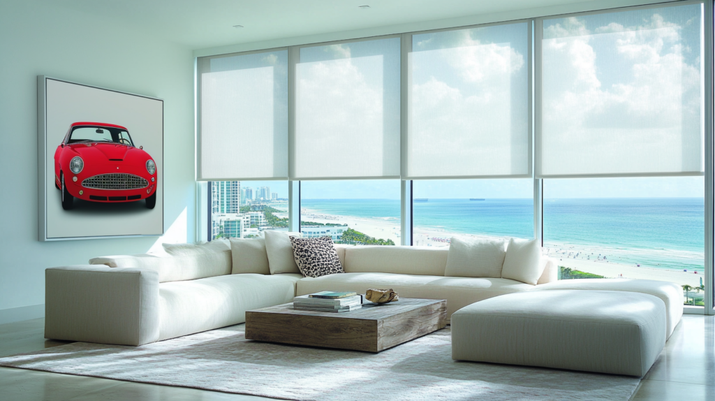 Luxurious modern living room in a Hillsboro Beach condo with motorized sheer Hunter Douglas Roller Shades partially closed, revealing clouds and offering an ocean view with the beach and nearby buildings.