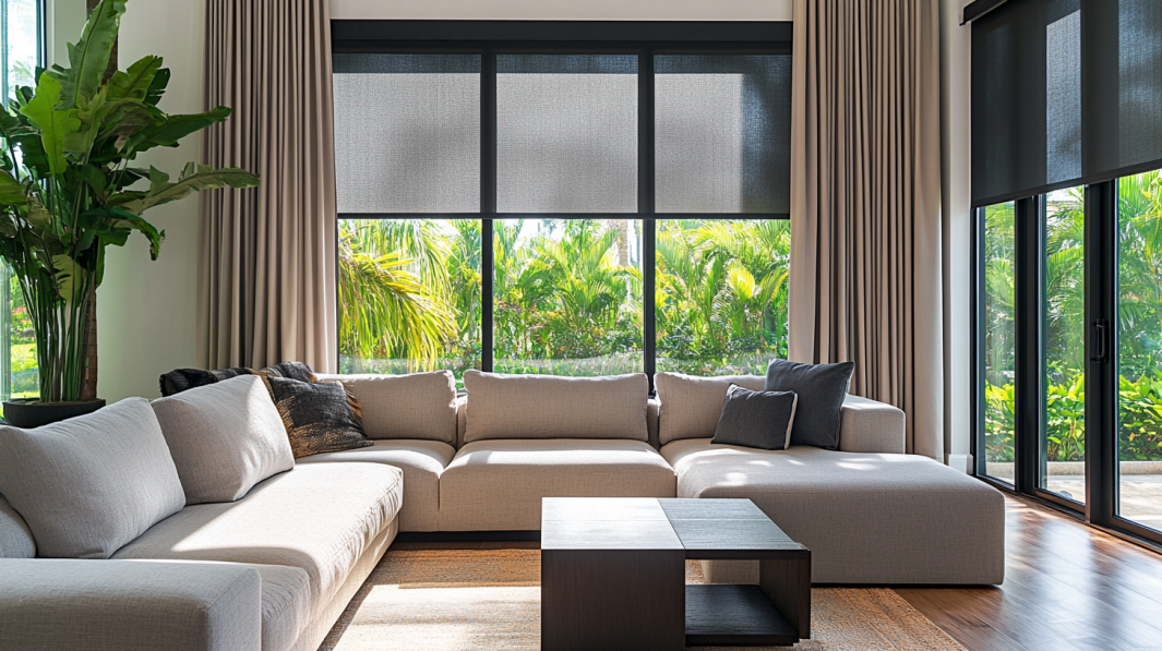 Spacious family room in Delray Beach with modern interior design, featuring large windows with dark charcoal gray blackout curtains, partially open to reveal a lush backyard view.