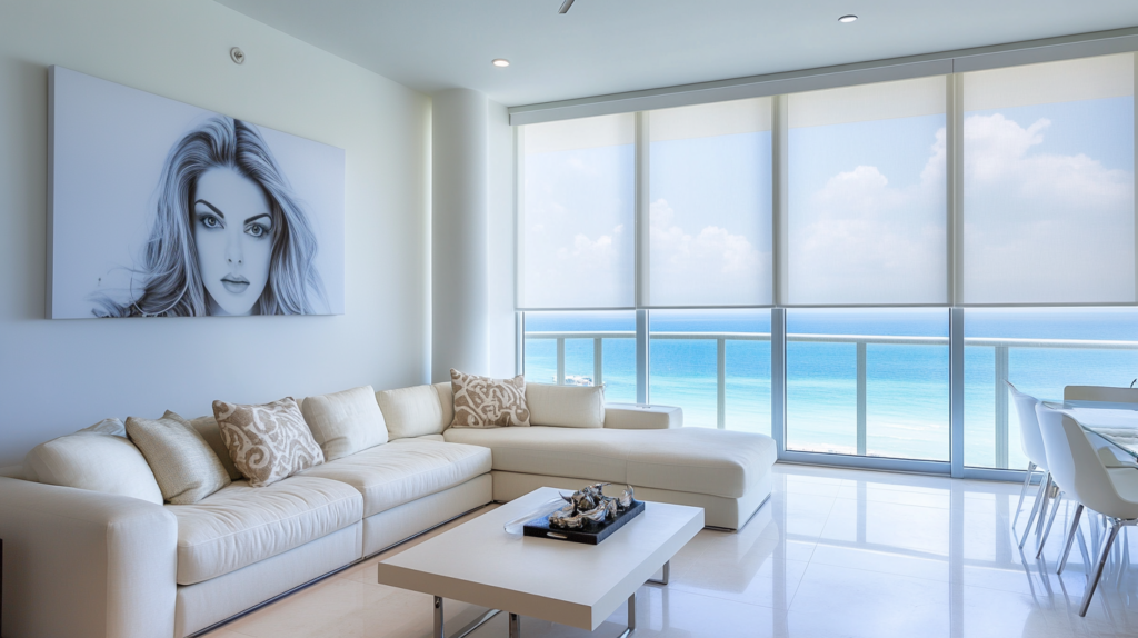 Modern living room in an Ocean Ridge condo with motorized white Hunter Douglas Roller Shades partially closed, offering an ocean view.