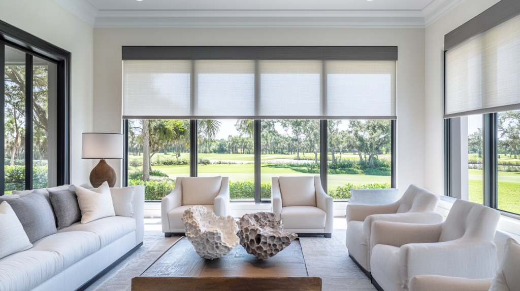 Formal living room in Palm Beach Gardens with Modern design, featuring Motorized Hunter Douglas Roller Shades and a view of a golf course.