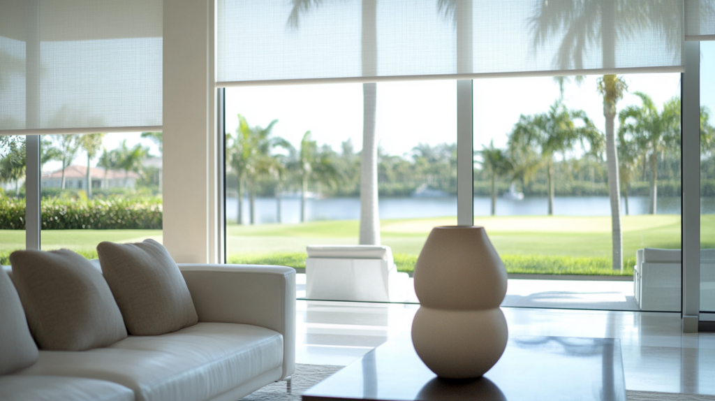 Formal living room in Palm Beach Gardens with Modern design, featuring fully closed Solar Hunter Douglas Roller Shades and a view of a golf course.