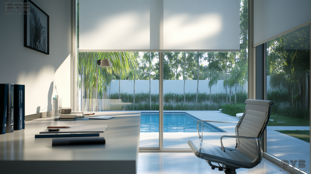 A modern minimalist home office in Parkland, FL, with Roller Shades, Restoration Hardware furniture, and a backyard pool view