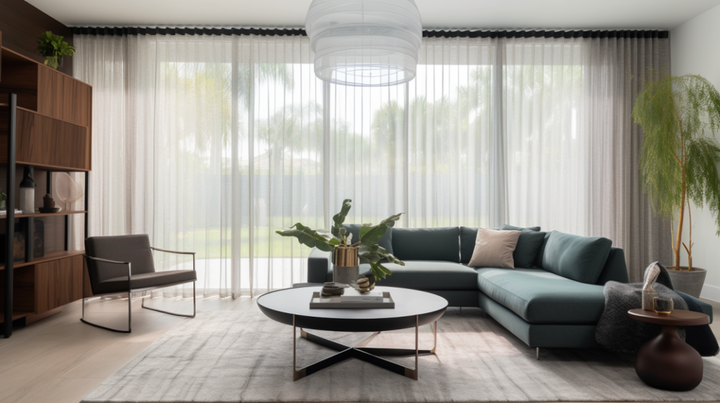Sheer Curtains in a Lighthouse Point family room with a lake view