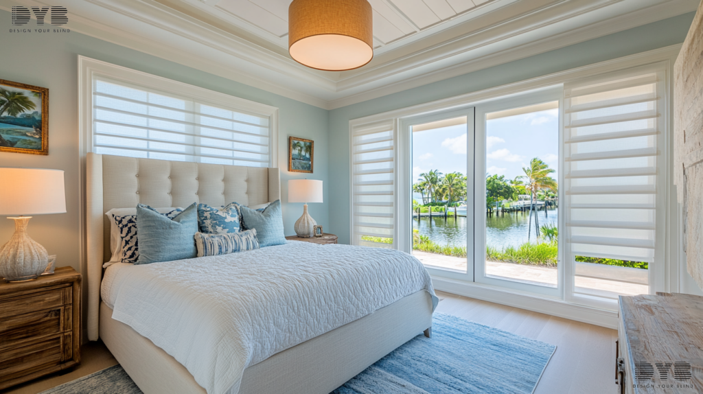 A Bedroom in Palm Beach Gardens, FL, with Silhouette Shades and coastal-inspired furniture from Arhaus, featuring a view of the canals.