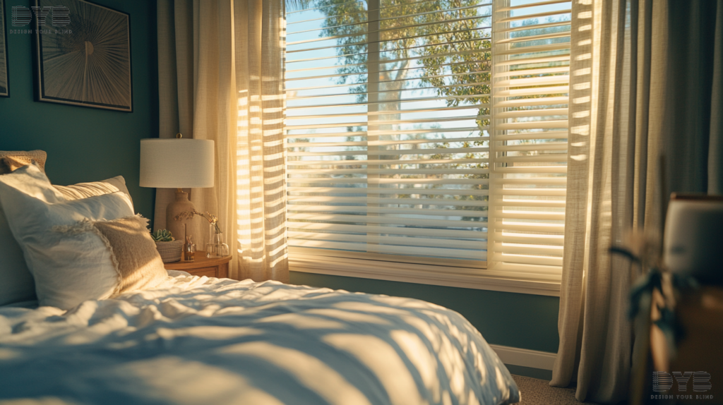 A Guest Bedroom in Palm Beach Gardens, FL, with Silhouette Shades and Farmhouse Modern furniture from Ethan Allen, featuring a view of the canals.